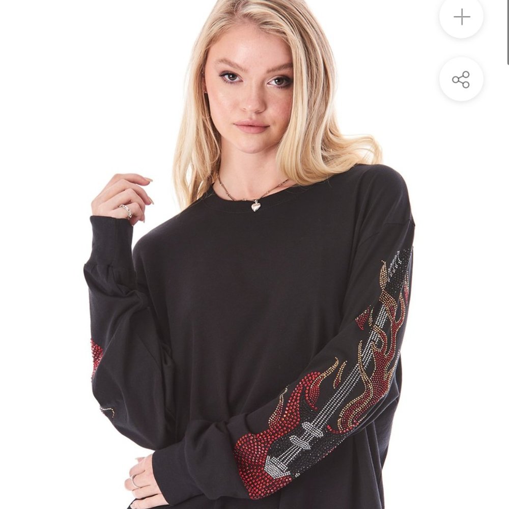 Emma & Sam FLAME GUITAR RHINESTONE LONG SLEEVE T